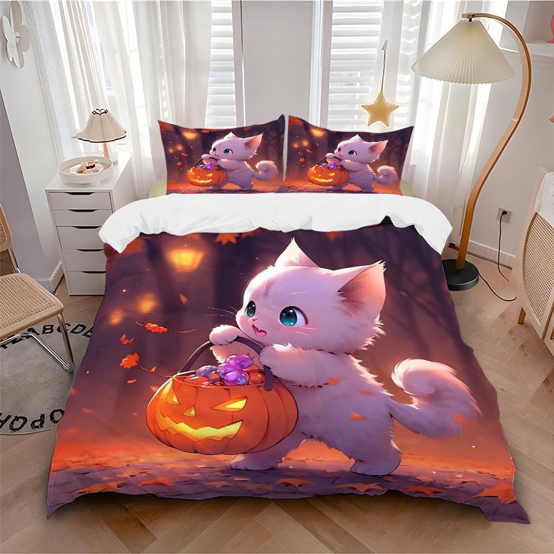 3pcs White Cat Holding Pumpkin Lantern Quilt Cover Set - Soft & Comfortable Polyester Fabric, All-Season Breathable Comforter Set For 1 Quilt Cov