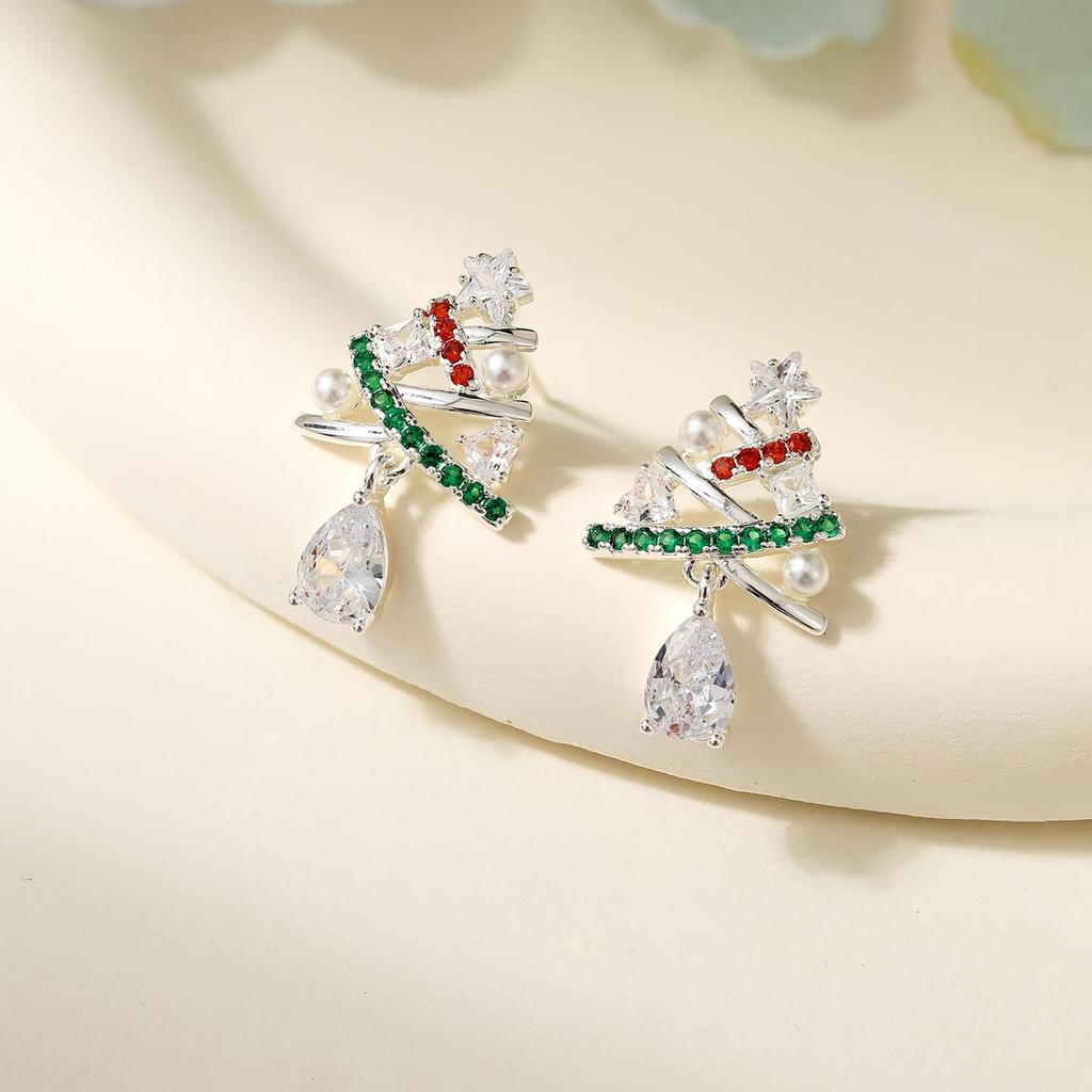 S925 Silver Christmas Tree Stud Earrings - Elegant Women's Light Luxury Fashion Jewelry for New Year's Eve