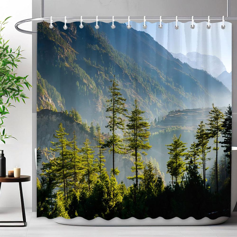 Outdoor Scenic Forest Shower Curtain With Hooks Green Plant Tree Waterfall Landscape Waterproof Shower Curtains Bathroom Decor