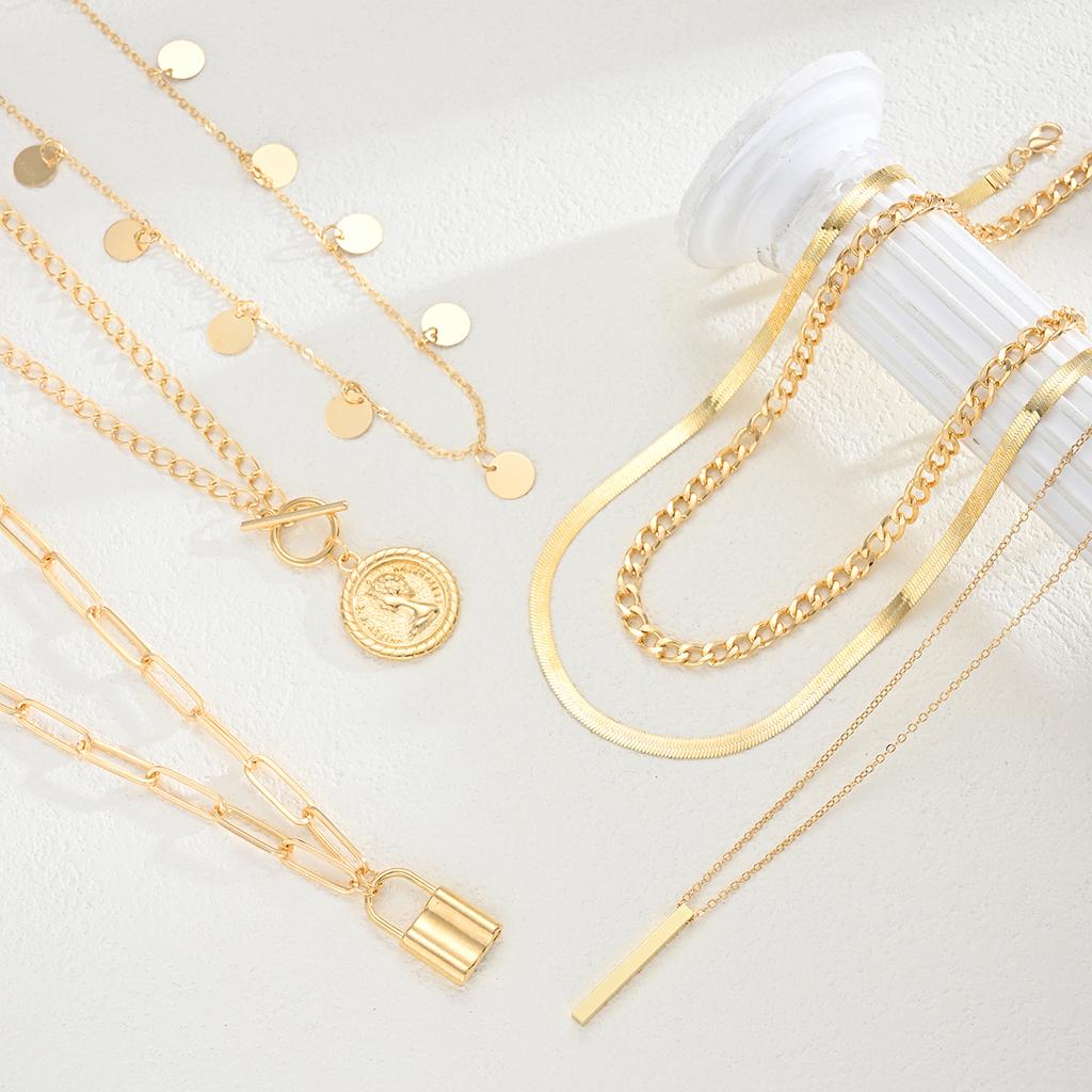 6pcs/3pcs Vintage Elegant Fashion Multi-Element Portrait Coin Cross Lock OT Buckle Pendant Hollow Chain Layered Necklace Set New