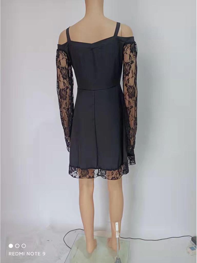 Sukienka vintage z koronką, na jedno ramię, z rękawem trąbkowym