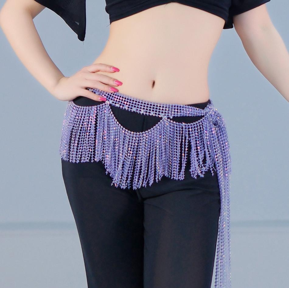 Foulard de Hanche de Danse du Ventre de Luxe à Strass avec Franges Ondulées Chaîne de Taille Scintillante pour Accessoires de Costume de Performance pour Femmes length--168cm beige