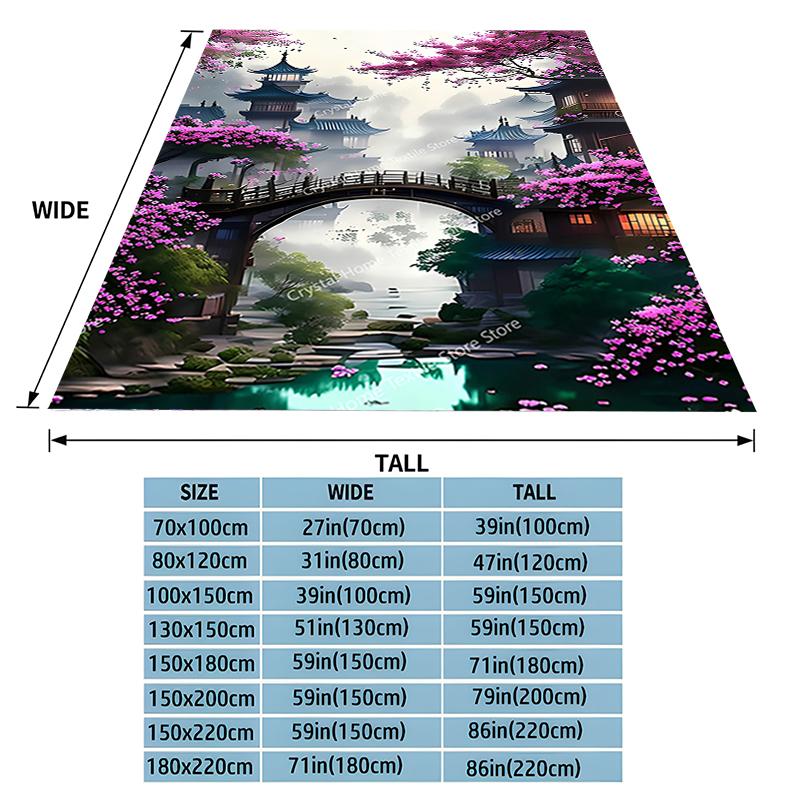 Japanese Architecture & Cherry Blossoms Flannel Blanket, Soft Warm Throw Blanket Nap Blanket For Sofa Office Bed Camping Trave