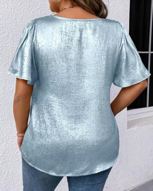 T-shirt Manches Courtes Uni Col en V Coupe Ample pour Femme Printemps/Été 2026