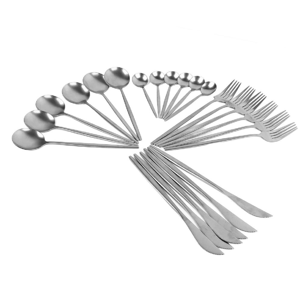 24Pcs Stainless Steel Cutlery Set Silver Vintage Craft Steak Cutlery Kitchen Spoons Forks Knifes Kit
