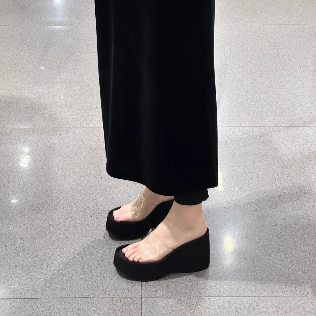 Fashion 2025 New Genuine Leather Slope Heel Transparent One Word Slippers for Women Height Increasing Thick Bottom Half Slippers