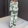 Kadın Uzun Pantolon Fashionista V Yaka Baskılı Uzun Kollu Cep Rahat Kadın Rahat Takım Elbise