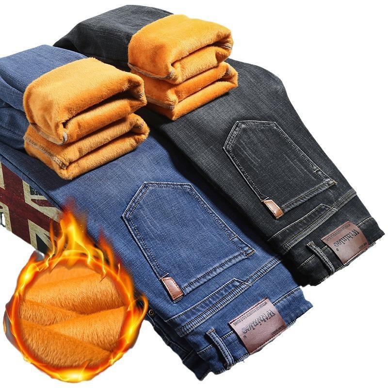 Nové pánské zateplené a zesílené teplé džíny na podzim a zimu elastické Slim rovné univerzální džínové kalhoty
