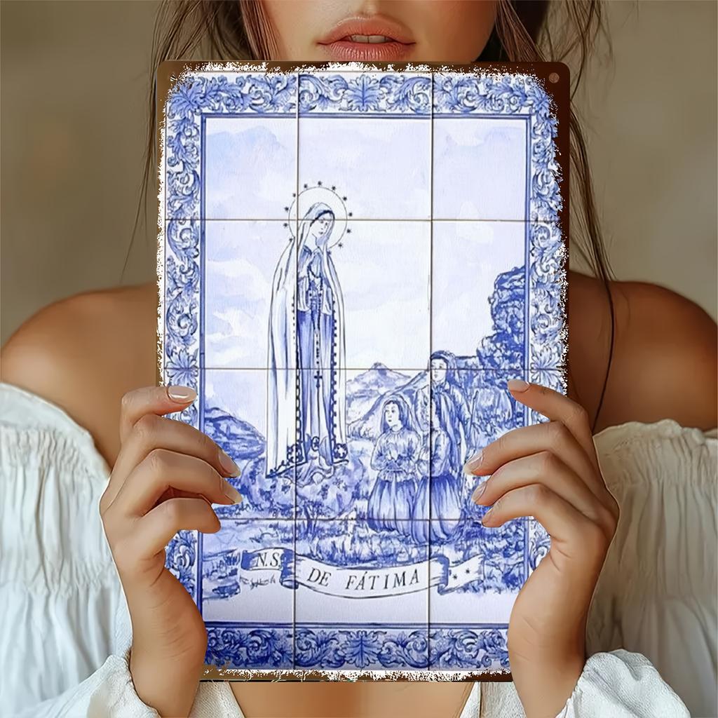 Fatima the Virgin Tile Painting Iron Wall Art PreDrilled for Easy Hanging WeatherResistant IndoorOutdoor Decor es Blu