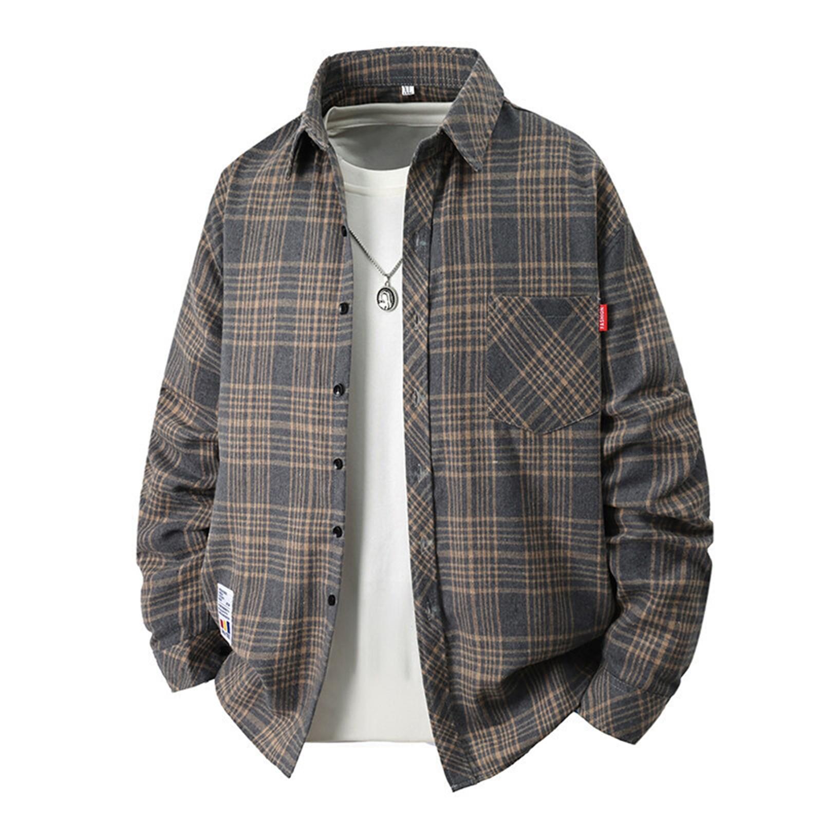 Men s Spring Plaid Youth Fashion Loose Stand Collar Long Sleeve Shirt XXL