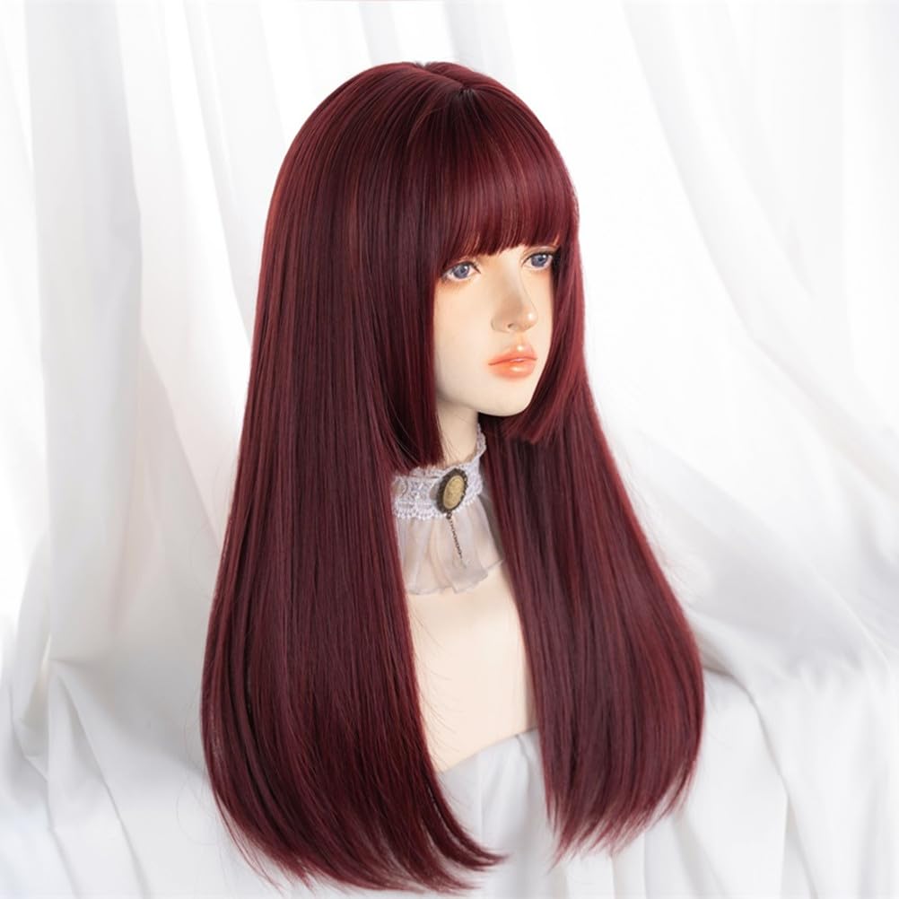 Eileen Cute Princess Cut Wine Red Wig Full Wig Wig Straight Natural Harajuku Style Popular Small Face Effect Net Included Semi-Long Women's