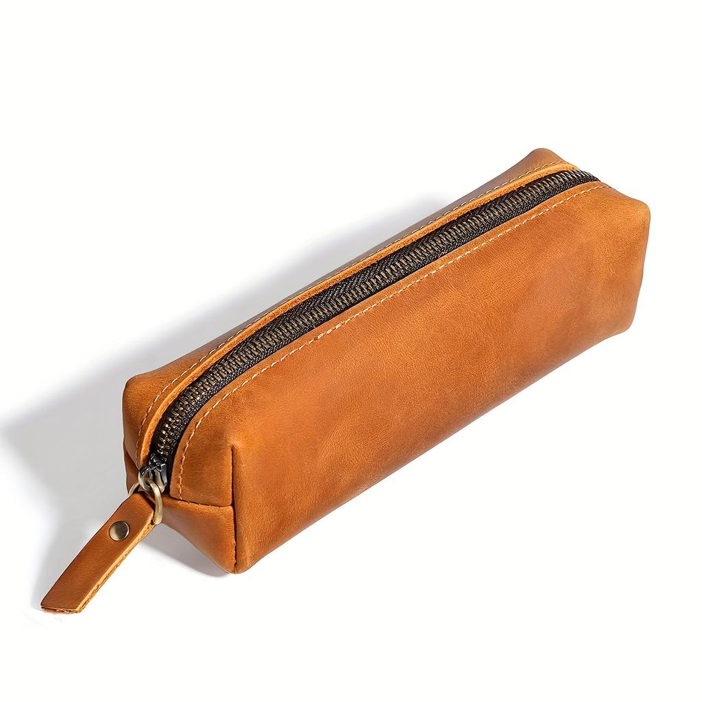 Crazy Horse Genuine Leather Zippered Pencil Case - Premium Leather Stationery Organizer with Black Zipper, Compact Pen Holder for Students