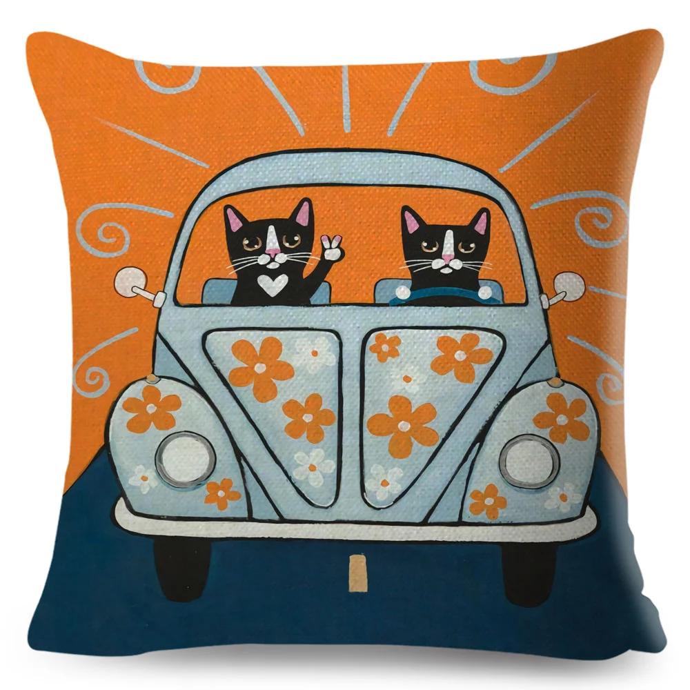 Cartoon Driving Car Cat Cushion Cover Decor Cute Pet Animal Pillowcase Polyester Pillow Case for Sofa Home Children Room 45x45cm
