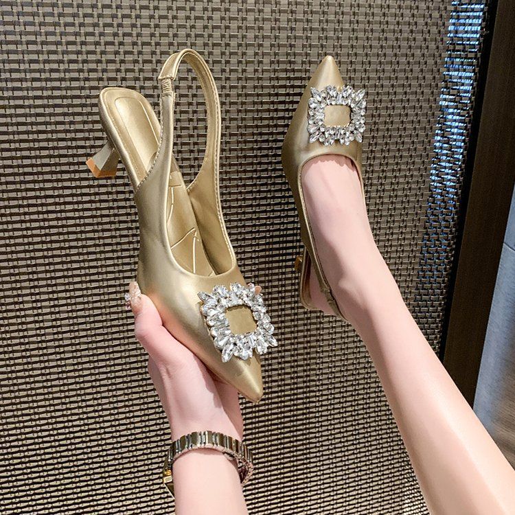 French Xiaoxiangfeng High-heeled Bag Head Sandals Women's Shoes 2025 New Early Spring Rhinestone Pointed Fashion Shoes