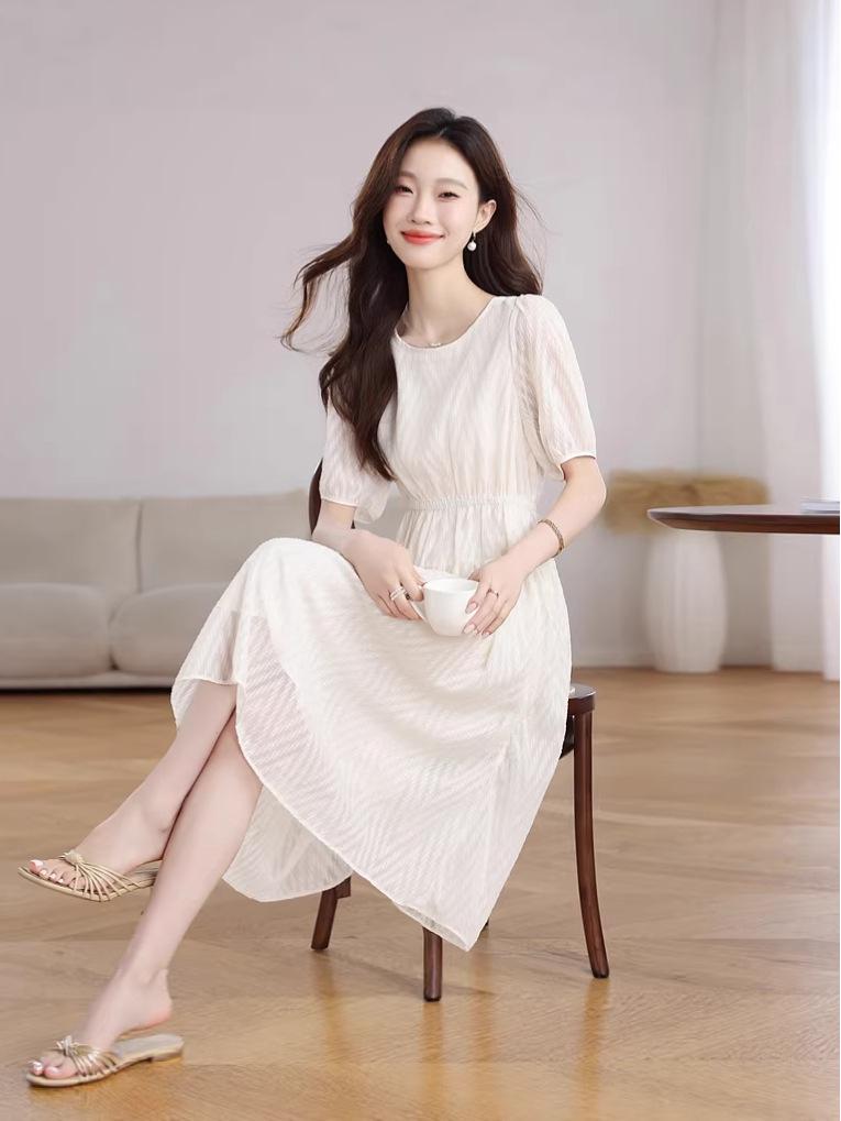 French Style Elegant Chiffon A-line Dress - Summer Round Neck Slimming Skirt for Women