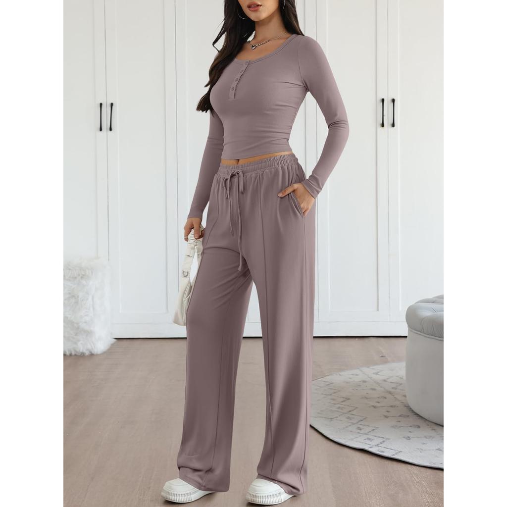 Women's Casual Round Neck Knitted Top Wide Leg Pants Set, Sports Floor Mopping Casual Pants
