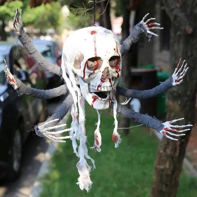 Halloween Haunted Skeleton Six Claw Monster Ghost Luminous Electric Blood Red Gauze Hanging Decoration Prop