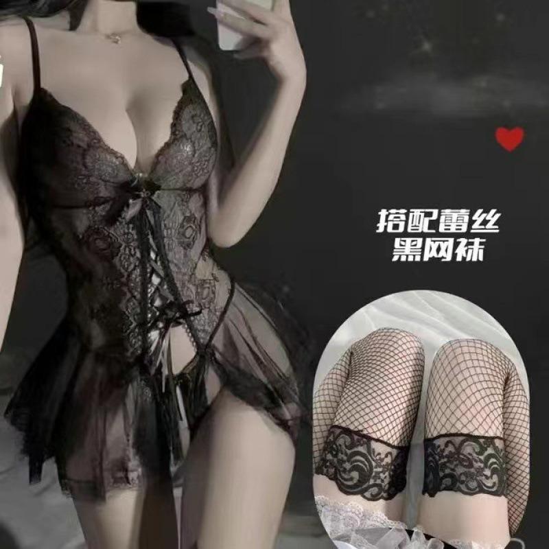 Smoke Sexy Underwear Sexy Suspender Lace Temptation Onesie Skirt Open File Hollow Uniform Pajamas Mesh Nightdress