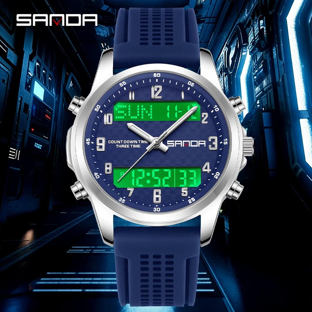 SANDA 9119 Dual Display Steel Belt Watch Men's Double Movement Multi functional Timing Night Light Alarm Clock 5ATM Waterproof-2