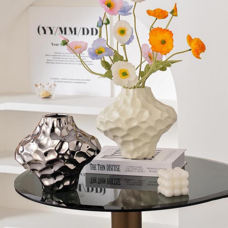 Silver Ceramic Vase Irregular Stone Grains Geometric Slices Flower Vase Flower Arrangement Accessories Home Decoration