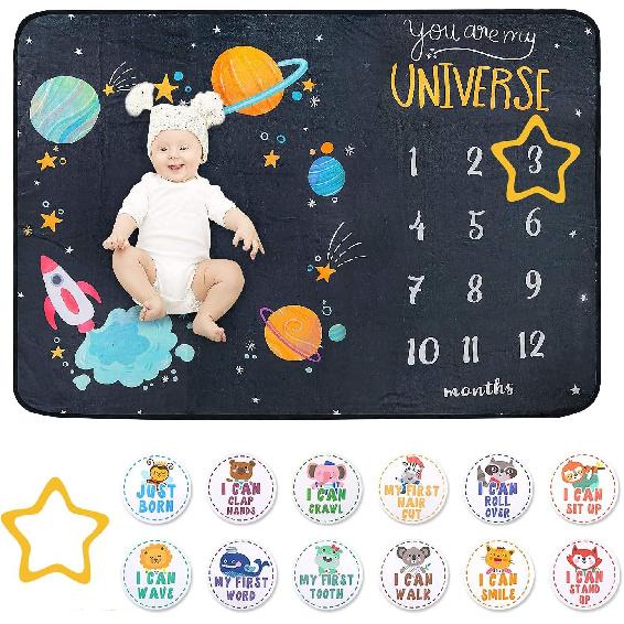 Baby Milestone Blanket - Cute Space Design Monthly Milestone Blanket for Baby Boy and Girl, Soft and Thick Flannel Material Wrapped with Milestone
