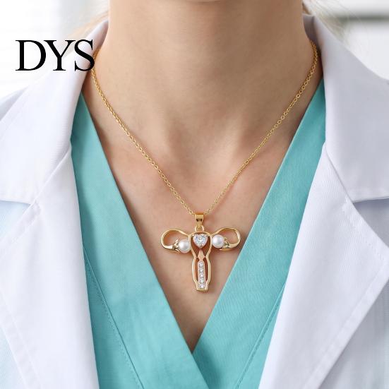 Uterus Pendant Necklace Gynecologist Necklace, Feminist Medical Symbol Obstetrician Statement Dainty Faux Pearl Jewelry with Rhinestones for