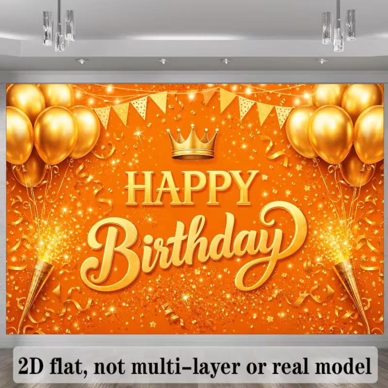 2D königliche Geburtstagsparty Kulisse, Orange Goldene Krone „Happy Birthday“ Fotokabinen Banner