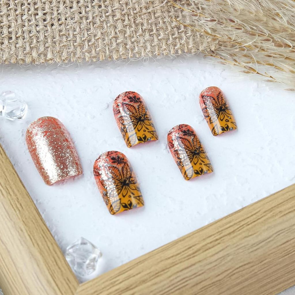 Fall Press On Nails Medium Square Fake Nails with Designs Maple Leaf Stick On Nail Thanksgiving Acrylic False Nail Bling Sequins Artificial Nail