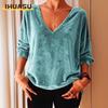 Blusas y camisas de manga larga con cuello en V y estampado de color sólido informal a la moda para mujer