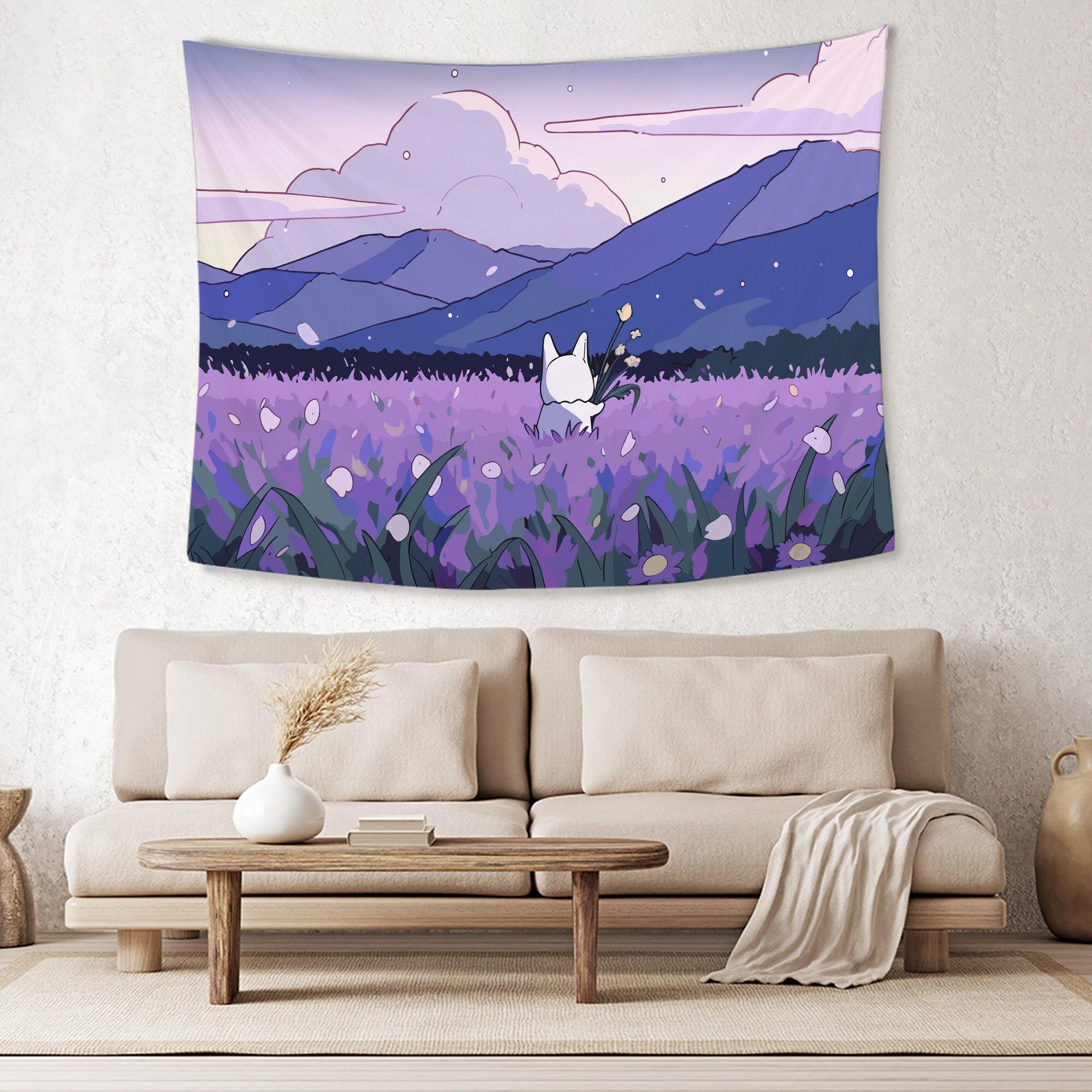 Healing Series Purple Dian Little Rabbit Tapestry Fresh Background Cloth Girl Living Room Decoration Room Decoration 100X70CM
