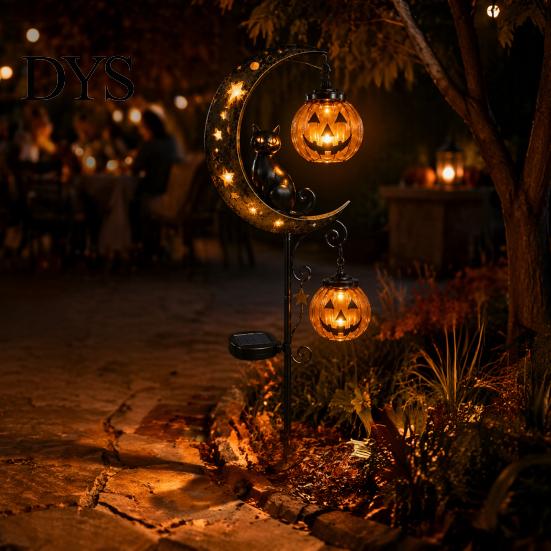 Trick or Treat Outdoor Hofakzente Halloween Solar-Gartenstecker-Licht, Schwarze Katze Kürbis auf Halbmond mit leuchtenden Spießen für Wege