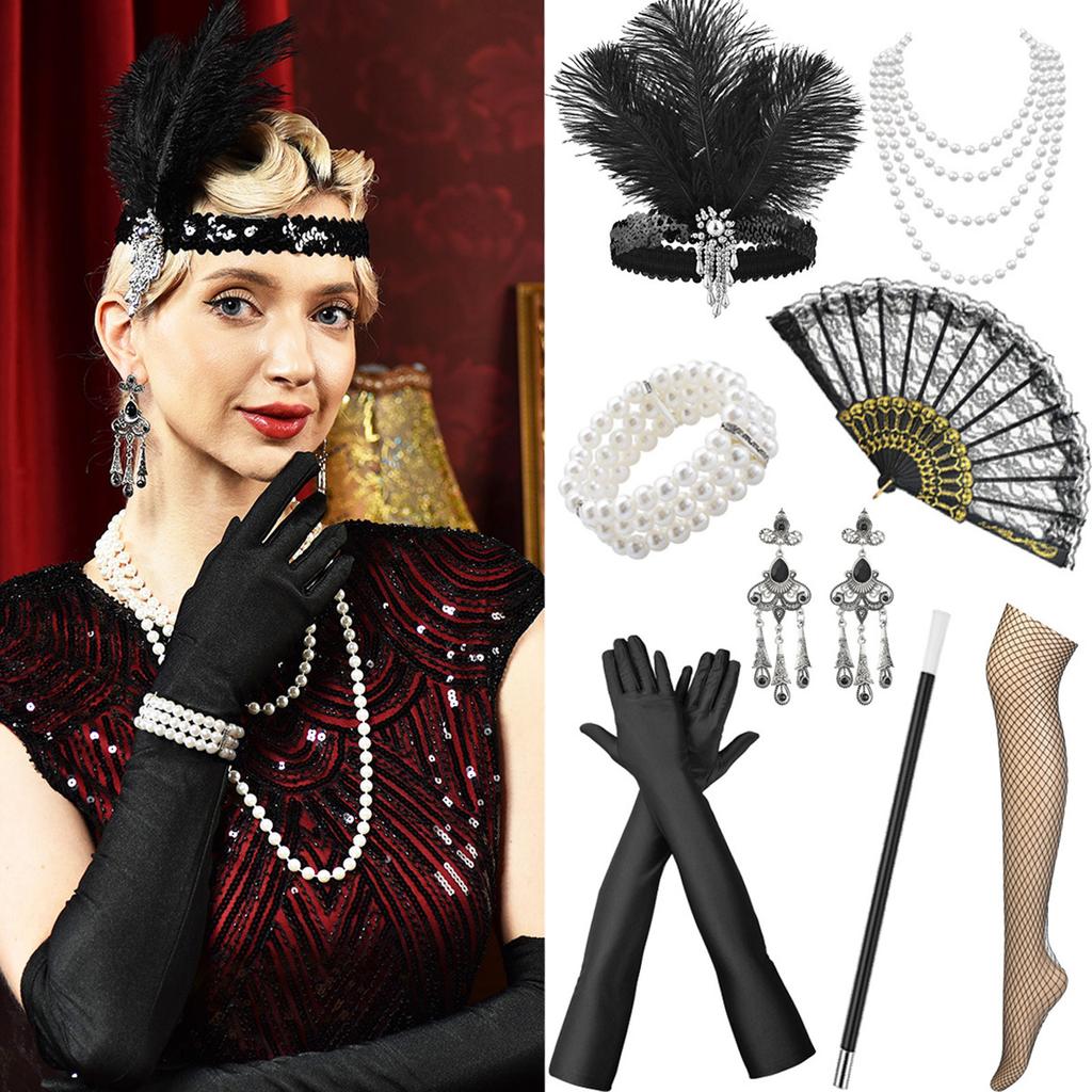 1920er Jahre Flapper Feder Stirnband Perlenkette Armband Ohrringe Set Acht Teile Vintage Stil Accessoires für Kostümparty