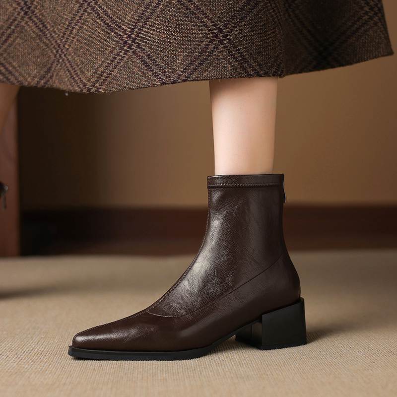 Krazing Pot Microfiber Pointed Toe Thick Heels Chelsea Boots Size 42 Zip Beauty Lady Women Stretch Ankle Boots