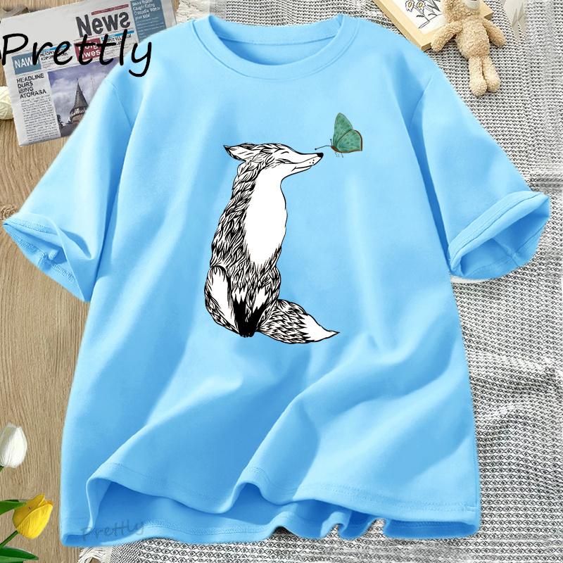 Fox and Butterfly T Shirt Cotton Graphic Tee Soft Fitted T Shirts for Women Printed Cotton Short Sleeve Harajuku Tees Clothing