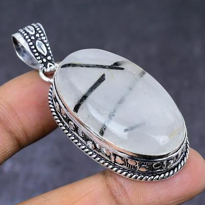Natural Black Rutile Gemstone 925 Steling Silver Jewelry Pendant 2.25" c4C92