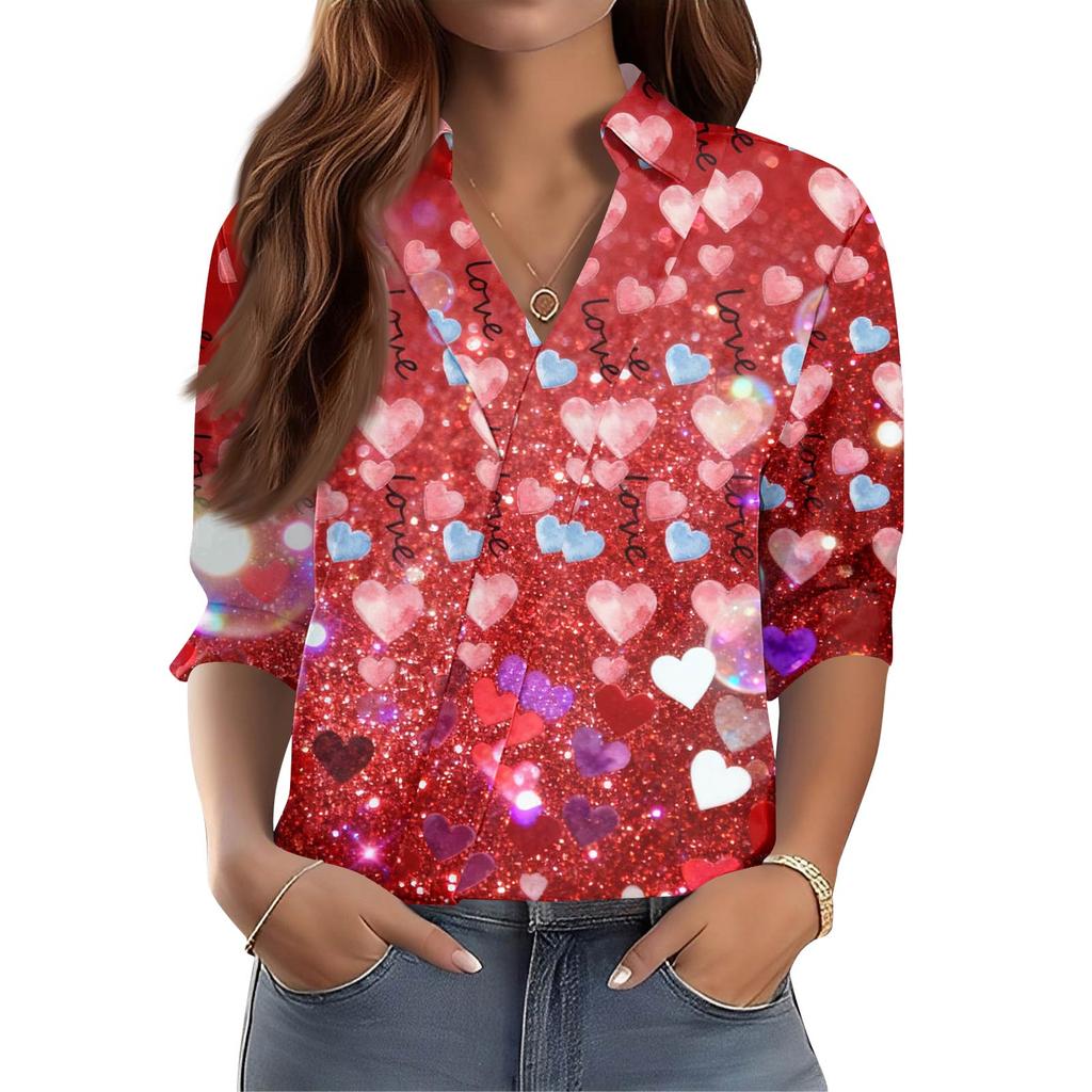Women's 3/4-Sleeve V-Neck Shirt Printed Workwear Casual Regular Shirt Collar Top