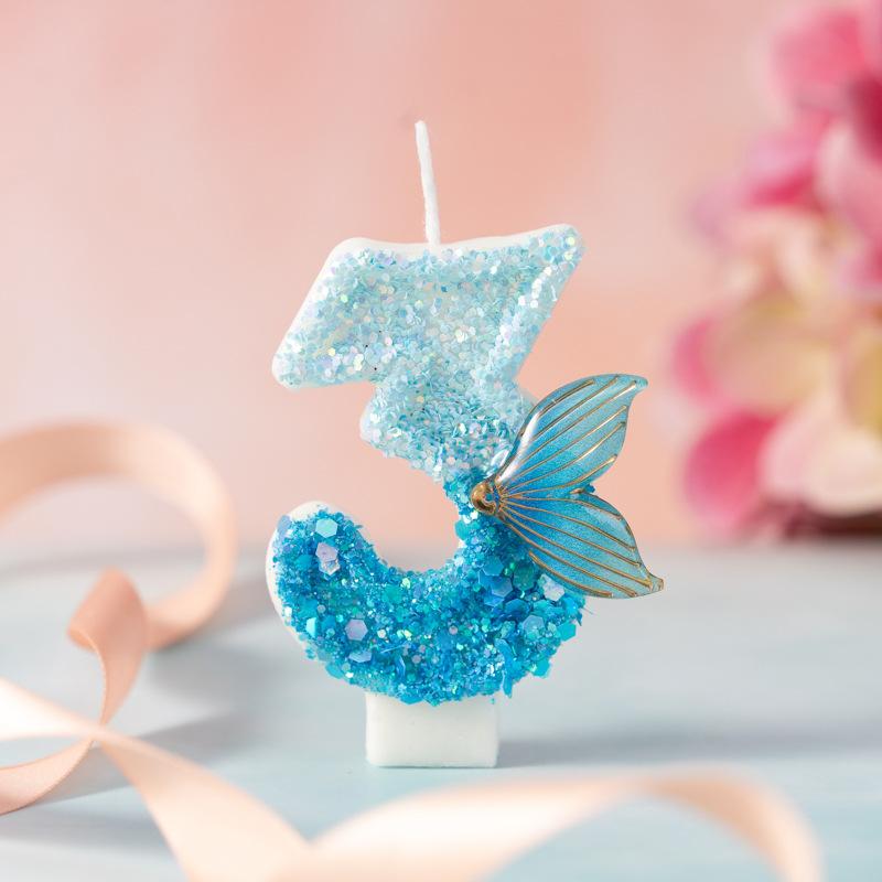 Creative Cartoon Blue Gradient Mermaid Tail Numbers Children's Birthday Candles Cake Party Decorations 1st Birthday