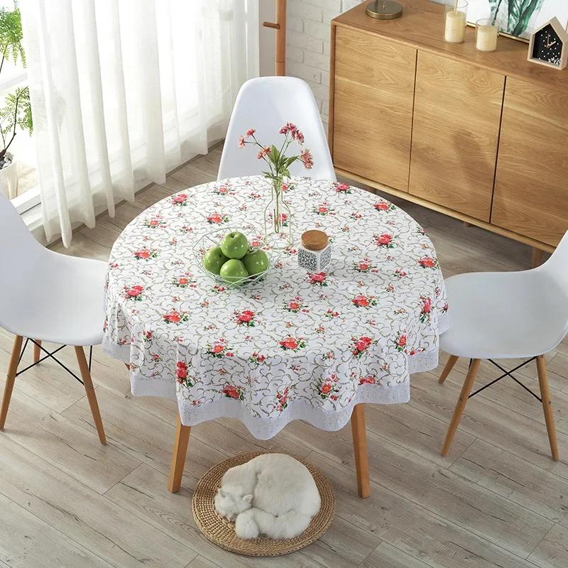 Pvc Hotel Waterproof Tablecloth Printed Oil Resistant Large Circular Table Cloth Hotel Plastic Round Table Cover With Lace Hem
