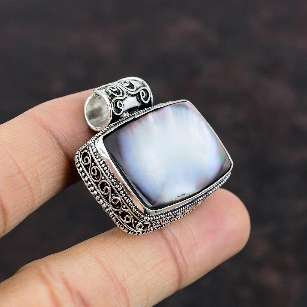 Black Mother Of Pearl Pendant Vintage Pendant Handmade Statement Jewelry 925 Sterling Silver Pendant Beautiful Gemstone Jewelry Gift For Her