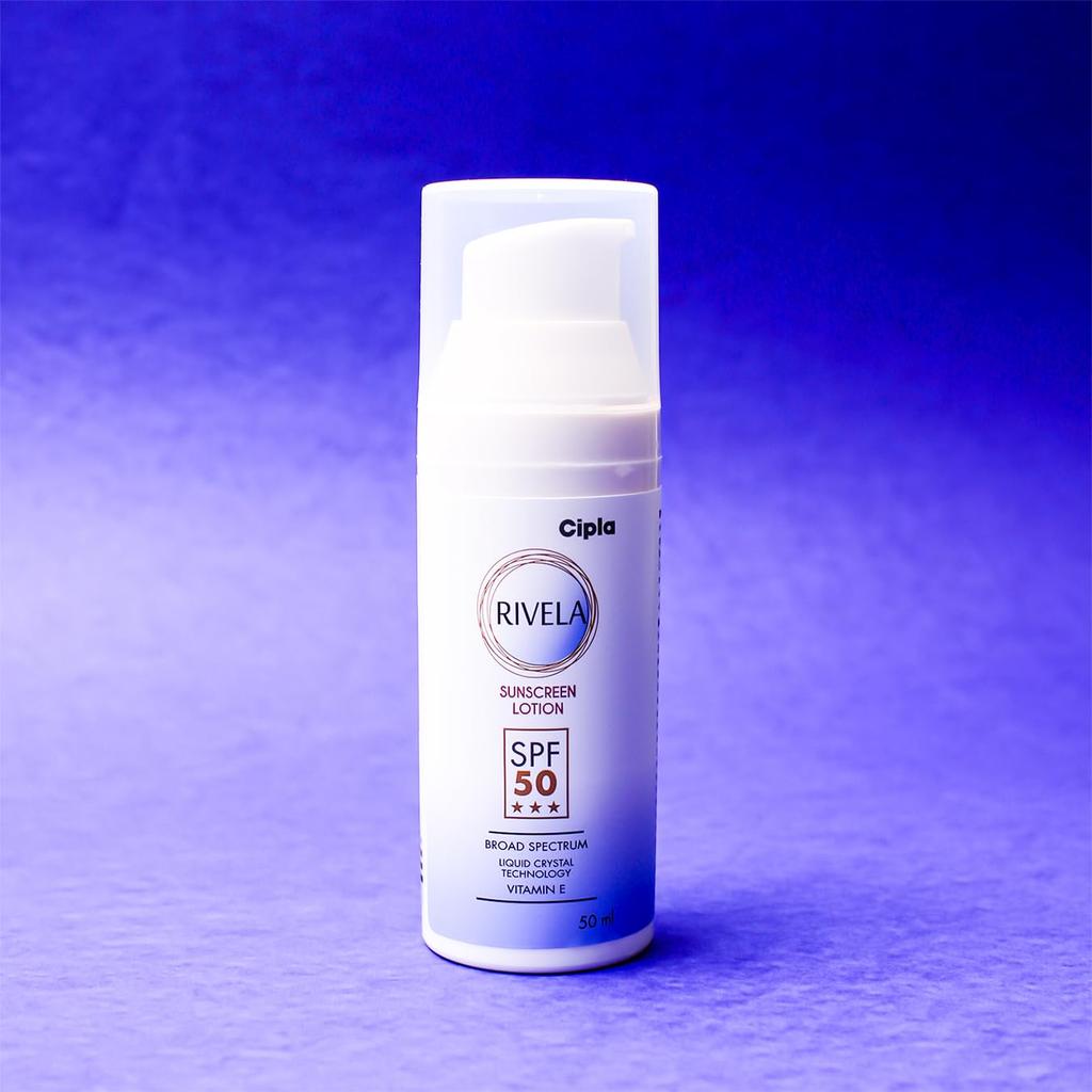 Cipla Rivela Sunscreen SPF 50 Lotion 50 Ml Broad-Spectrum UVA UVB Sun Protection Hydrating