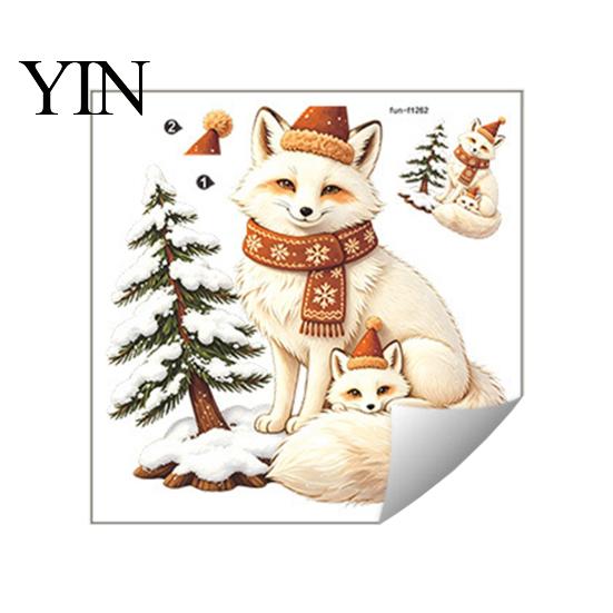 Winter Holiday Decorations Christmas Fox Window Clings, Forest Animal Double-Side Sticker, Decorative Fridge Decals Cute Reusable Static Glass