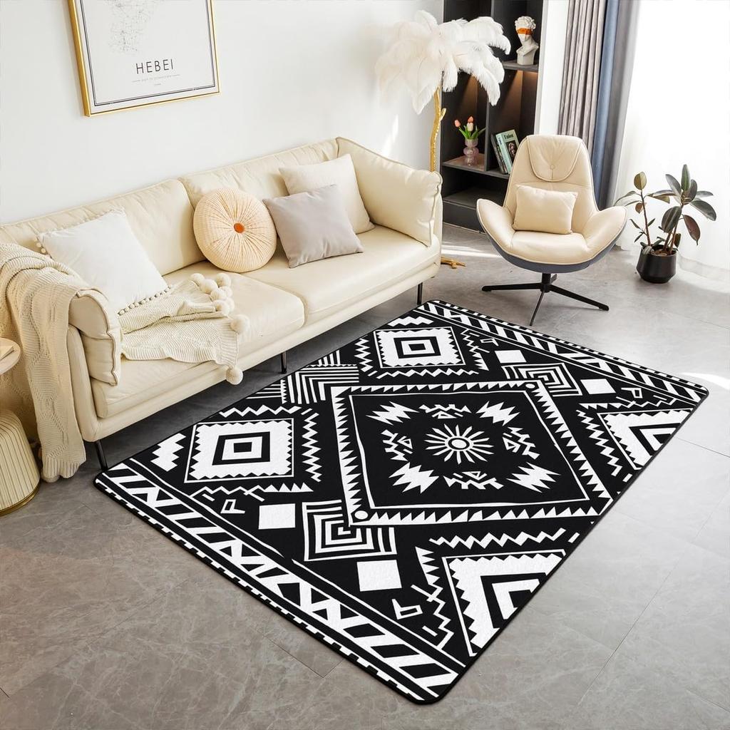 Southwestern Area Rug Polyester Geometric Living Room Rugs Bedroom Tribal Decor Carpet Geometric Indoor Floor Mat Black White