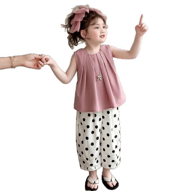Girls Summer Bow Blouse And Polka Dot Pants Set Kids Casual Sporty Two Piece Outfit For Toddler