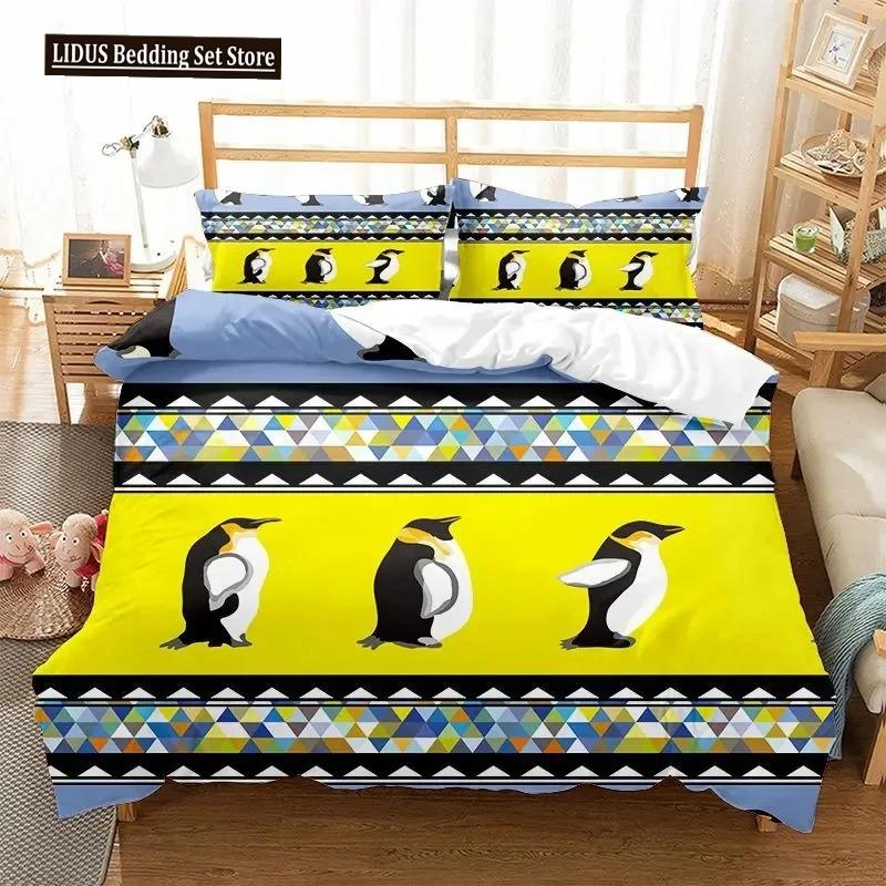 Cartoon Penguin Duvet Cover Set For Boys Girl Animated Antarctic Animal Polyester Quilt Cover White Black King Queen Size
