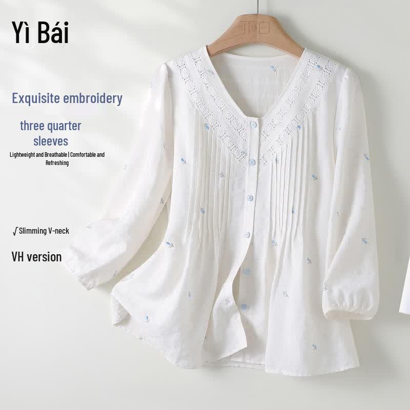 Yibai 2026 Autumn V-Neck Embroidered Seven-Sleeve Blouse S