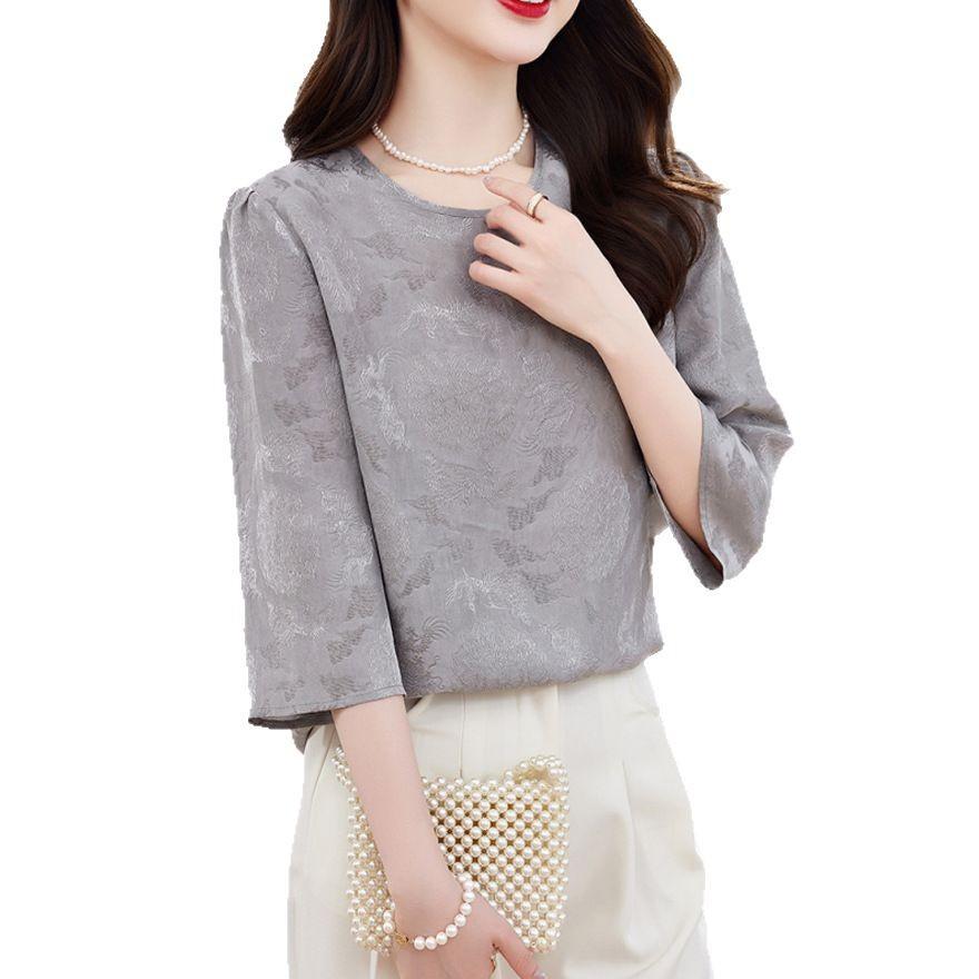 Silk Jacquard Shirt Women's Spring and  New Temperament Large Size Loose Inner with Versatile Mulberry Silk Top