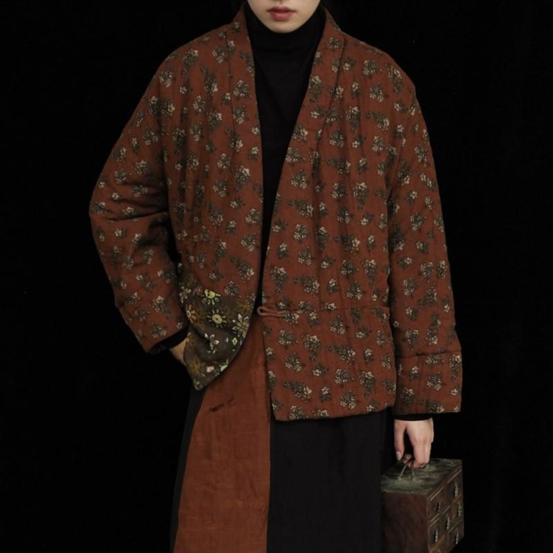 Johnature Women Vintage Print Floral V-Neck Long Sleeve Coats Winter Single Button Chinese Style Coats