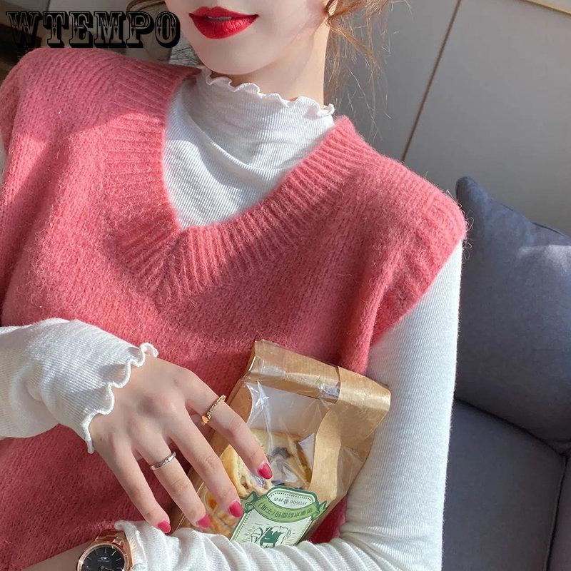 WTEMPO Strickpullover mit hohem Kragen für Damen, lässig, einfarbig, langärmlig, koreanischer Stil, elegant, figurbetont, Strickwaren