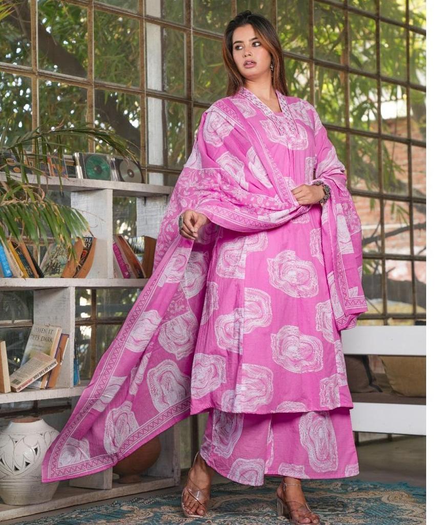 Women Designer Cotton Kurta Pant Dupatta Set Indian Bollywood Top Tunic Kurti Salwar Kameez