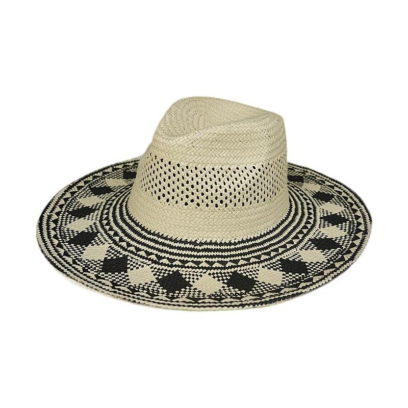 Retro Schwarz Beige Breitkrempiger Urlaubs-Jazz-Zylinder Strohhut Sommer Herren- und Damen-Sonnenschutz Sonnencreme Strand Webhut